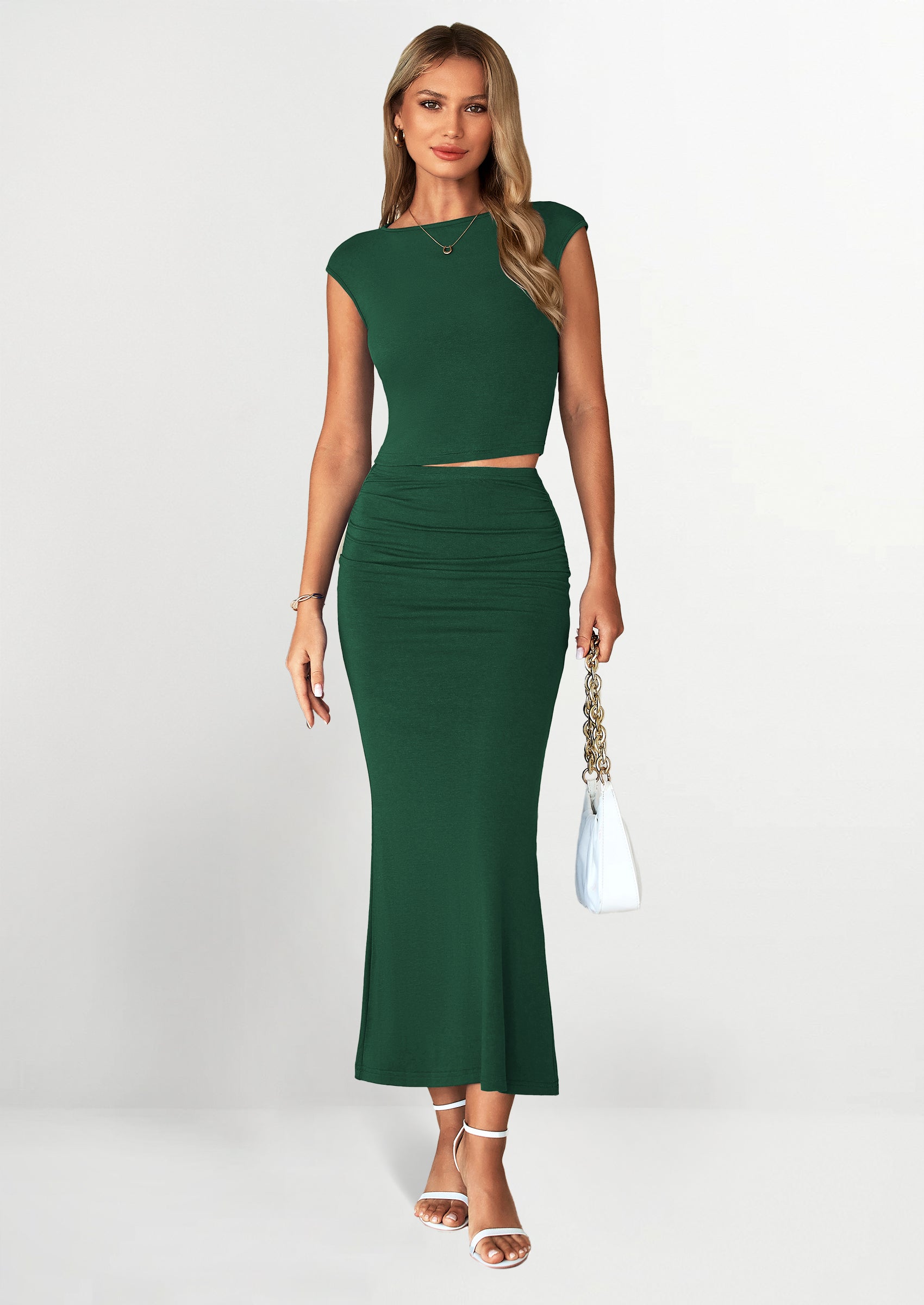 PRETTYGARDEN Summer 2 Piece Sets for Women Going Out Casual Cap Sleeve Crop Tops Ruched Maxi Long Skirts Spring Outfits