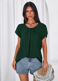 PRETTYGARDEN Summer Tops for Women Short Sleeve Crew Neck Pleated T Shirts Dressy Casual Blouses Spring Fashion Clothes PRETTYGARDEN