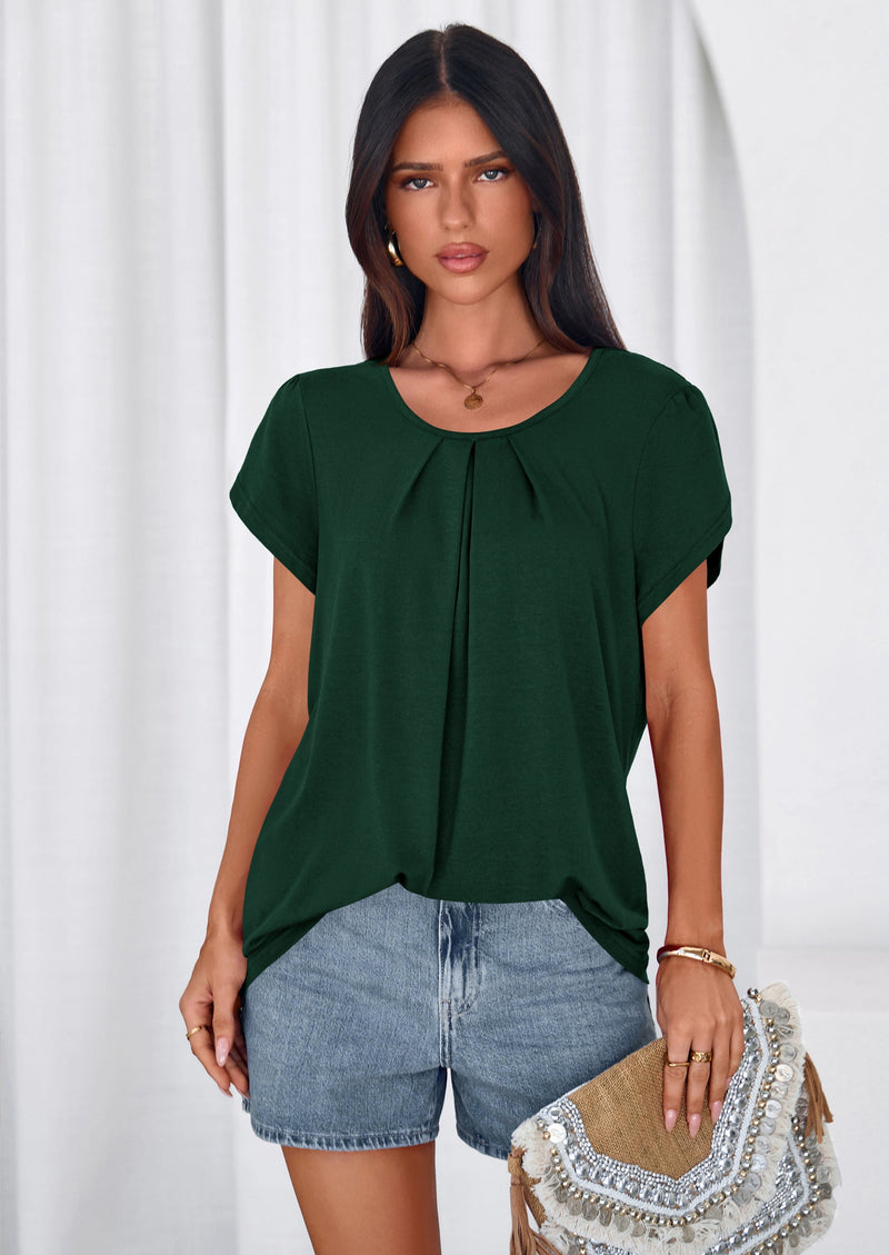 PRETTYGARDEN Summer Tops for Women Short Sleeve Crew Neck Pleated T Shirts Dressy Casual Blouses Spring Fashion Clothes PRETTYGARDEN