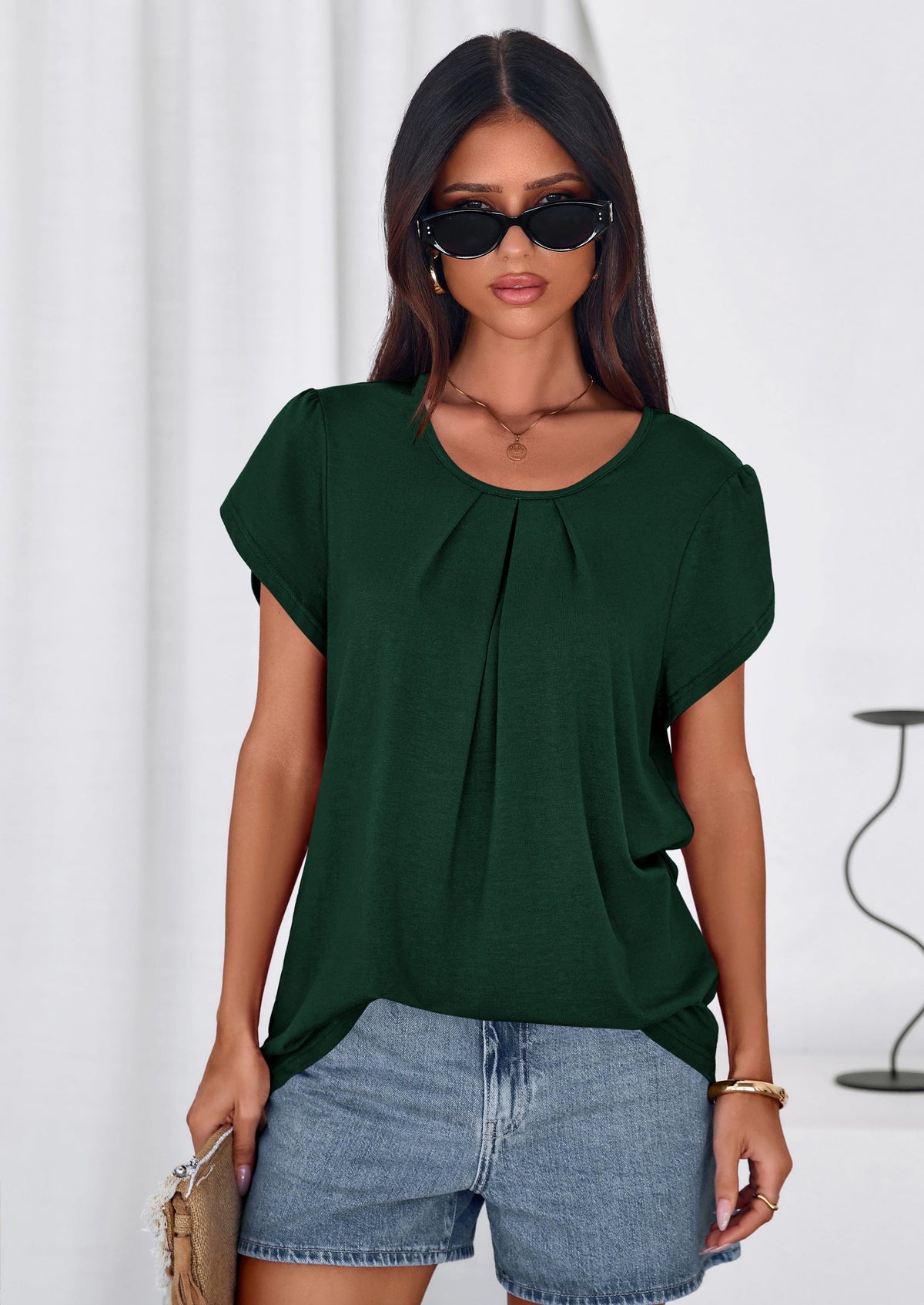 PRETTYGARDEN Summer Tops for Women Short Sleeve Crew Neck Pleated T Shirts Dressy Casual Blouses Spring Fashion Clothes PRETTYGARDEN