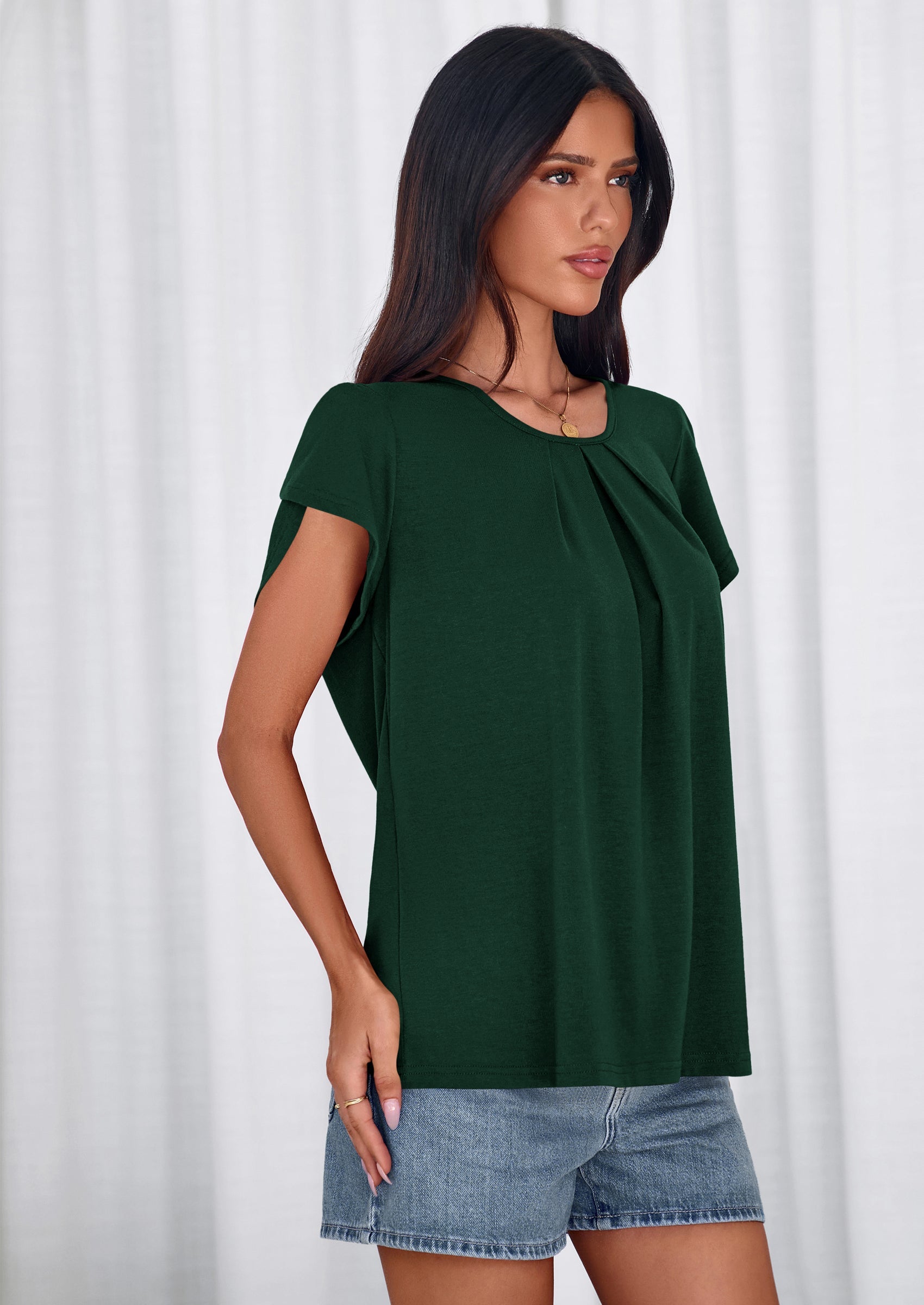 PRETTYGARDEN Summer Tops for Women Short Sleeve Crew Neck Pleated T Shirts Dressy Casual Blouses Spring Fashion Clothes PRETTYGARDEN