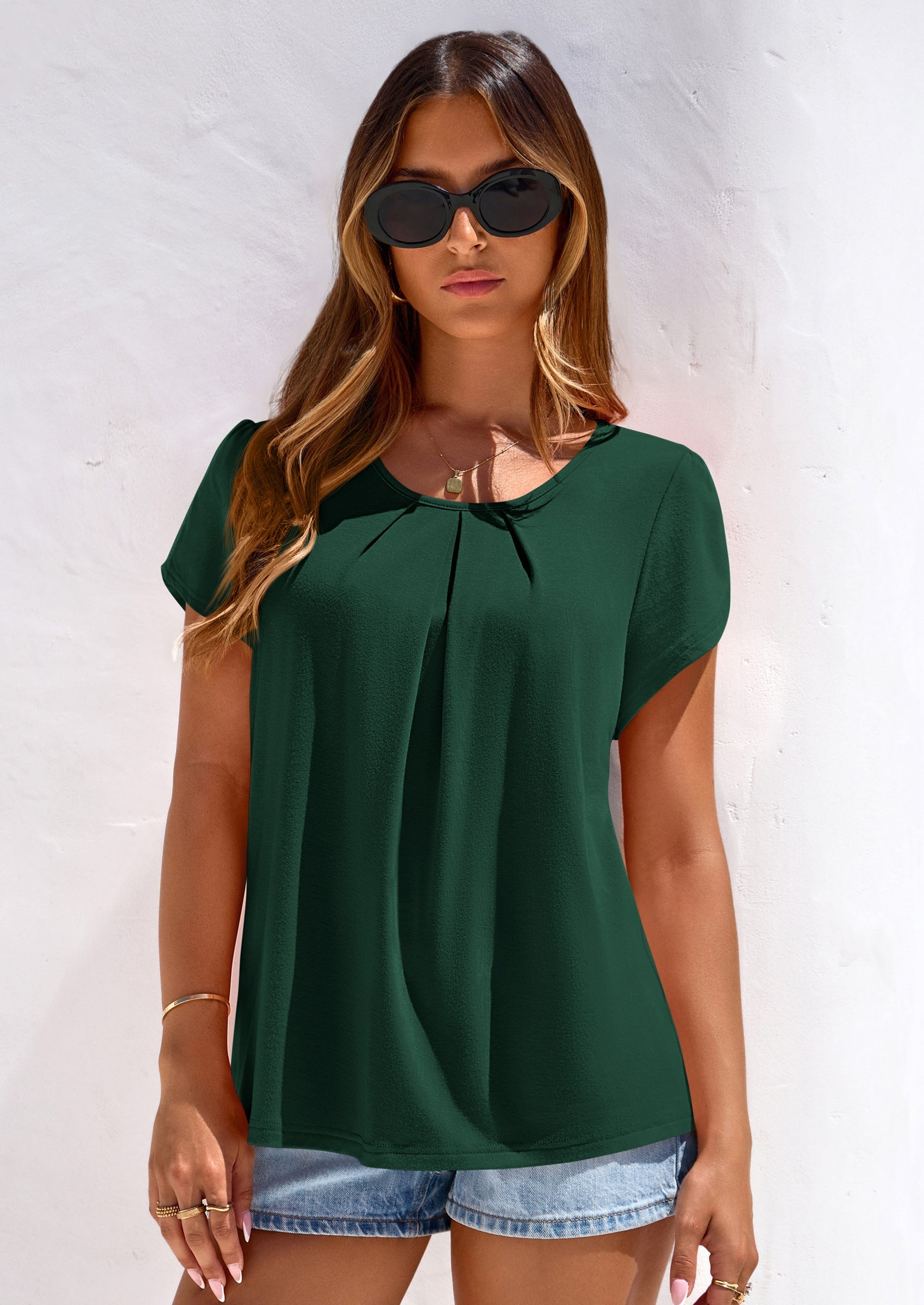 PRETTYGARDEN Summer Tops for Women Short Sleeve Crew Neck Pleated T Shirts Dressy Casual Blouses Spring Fashion Clothes PRETTYGARDEN