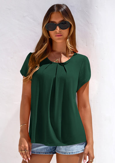 PRETTYGARDEN Summer Tops for Women Short Sleeve Crew Neck Pleated T Shirts Dressy Casual Blouses Spring Fashion Clothes PRETTYGARDEN
