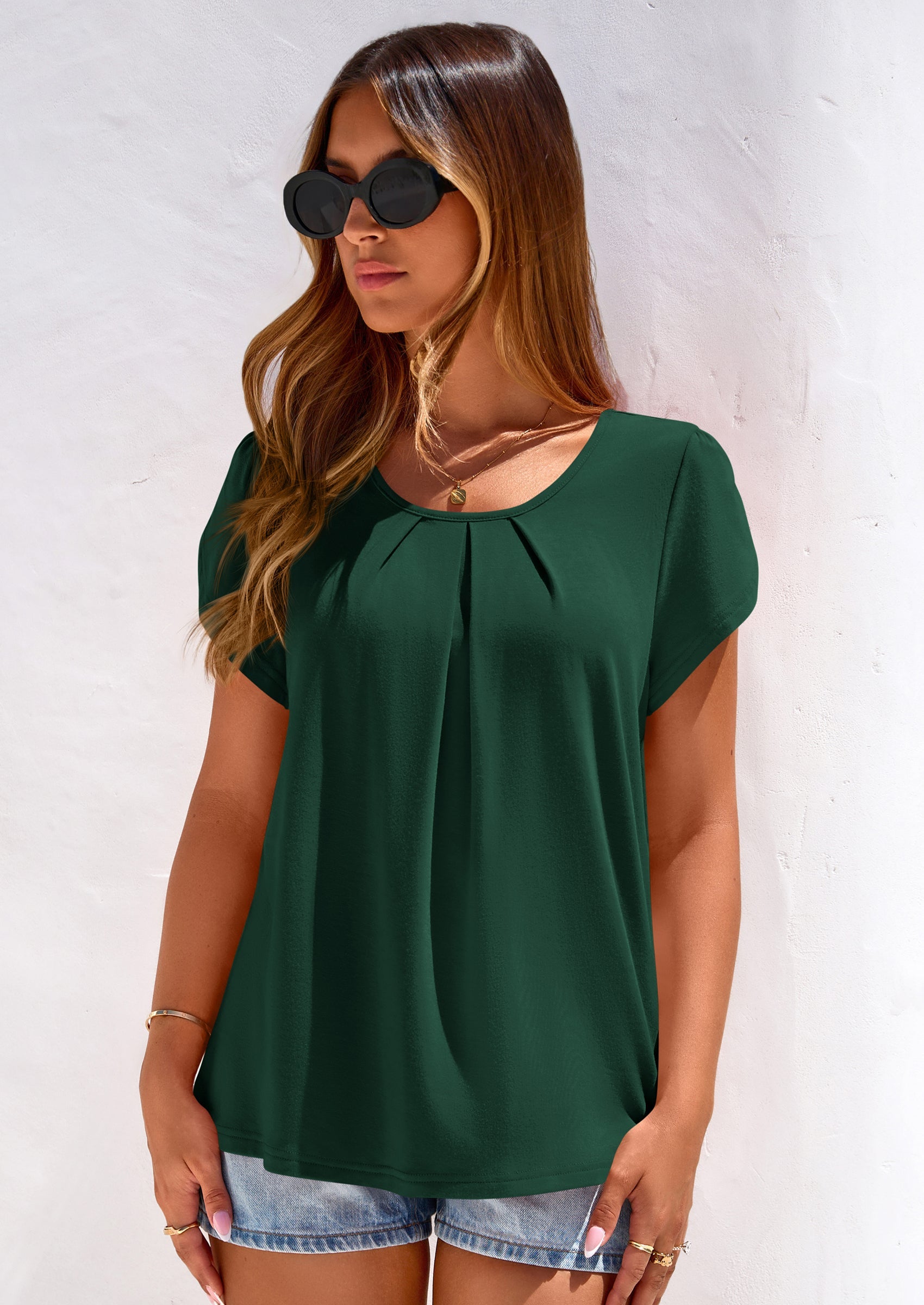 PRETTYGARDEN Summer Tops for Women Short Sleeve Crew Neck Pleated T Shirts Dressy Casual Blouses Spring Fashion Clothes PRETTYGARDEN