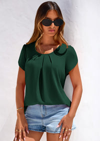 PRETTYGARDEN Summer Tops for Women Short Sleeve Crew Neck Pleated T Shirts Dressy Casual Blouses Spring Fashion Clothes PRETTYGARDEN