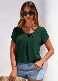 PRETTYGARDEN Summer Tops for Women Short Sleeve Crew Neck Pleated T Shirts Dressy Casual Blouses Spring Fashion Clothes PRETTYGARDEN