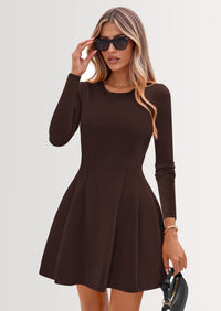 PRETTYGARDEN Long Sleeve Mini Dress for Women Fall Crewneck Knit Pleated Babydoll A Line Soft Casual Short Party Dresses