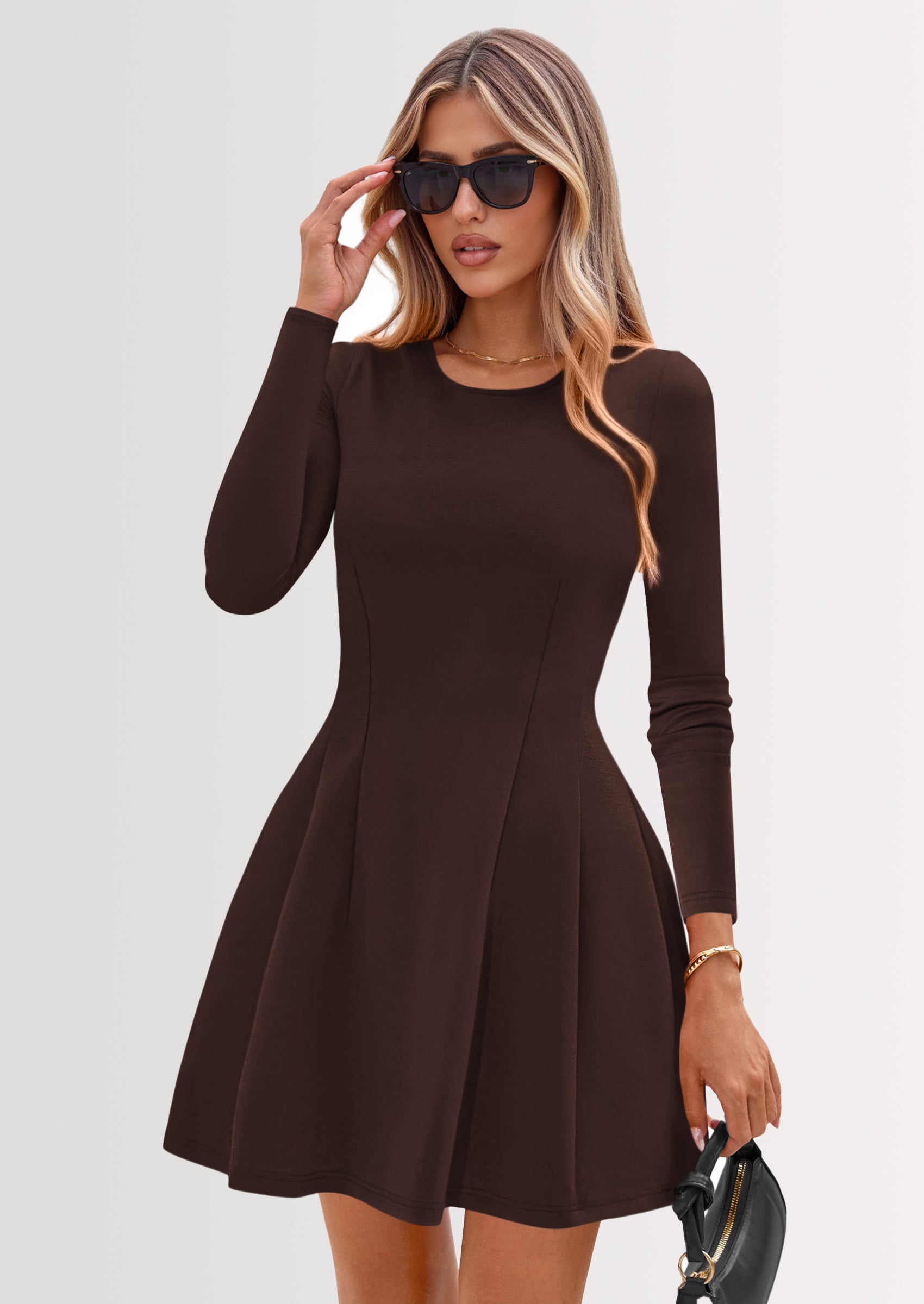 PRETTYGARDEN Long Sleeve Mini Dress for Women Fall Crewneck Knit Pleated Babydoll A Line Soft Casual Short Party Dresses