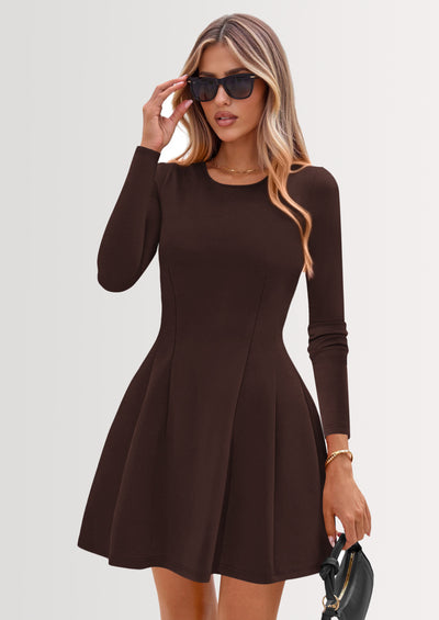 PRETTYGARDEN Long Sleeve Mini Dress for Women Fall Crewneck Knit Pleated Babydoll A Line Soft Casual Short Party Dresses