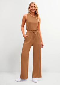 PRETTYGARDEN Womens Jumpsuits Summer Casual One Piece Outfits Sleeveless Wide Leg Long Pants Rompers