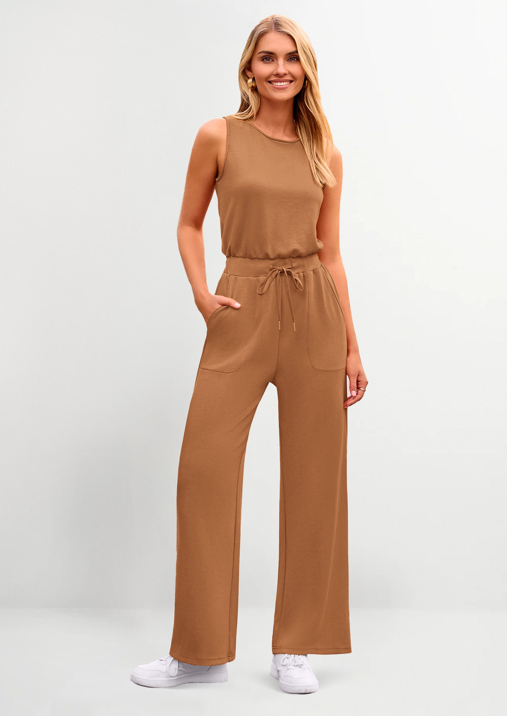 PRETTYGARDEN Womens Jumpsuits Summer Casual One Piece Outfits Sleeveless Wide Leg Long Pants Rompers