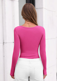 PRETTYGARDEN Bodysuits for Women Fall Long Sleeve Body Suits Scoop Neck Ribbed Knit Fitted Basic Tops Soft Tee Shirts