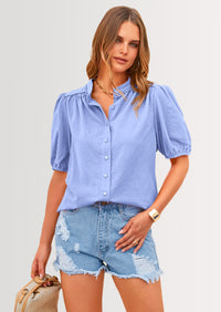 PRETTYGARDEN Women's Summer Tops Button Down Shirts Short Lantern Sleeve V Neck Cotton Cute Dressy Casual Blouses