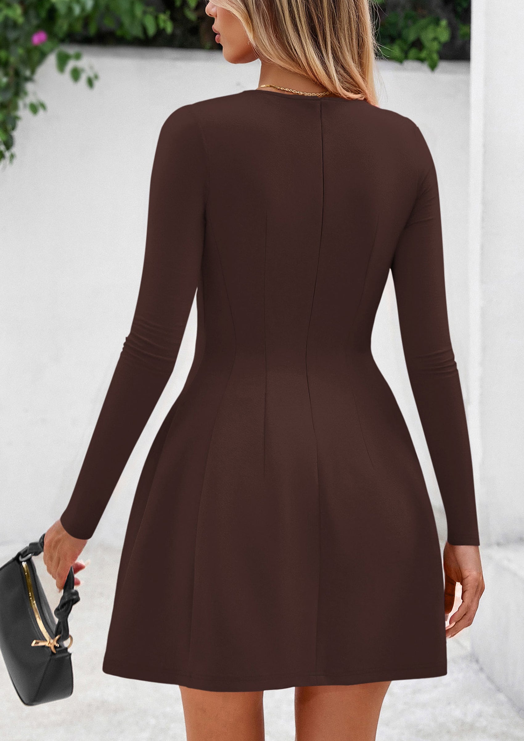 PRETTYGARDEN Long Sleeve Mini Dress for Women Fall Crewneck Knit Pleated Babydoll A Line Soft Casual Short Party Dresses