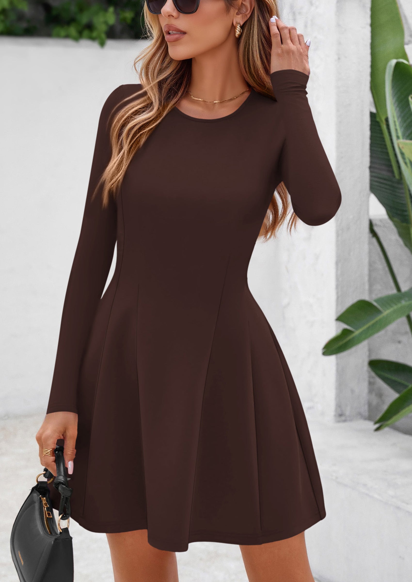 PRETTYGARDEN Long Sleeve Mini Dress for Women Fall Crewneck Knit Pleated Babydoll A Line Soft Casual Short Party Dresses