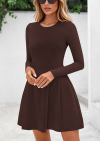 PRETTYGARDEN Long Sleeve Mini Dress for Women Fall Crewneck Knit Pleated Babydoll A Line Soft Casual Short Party Dresses