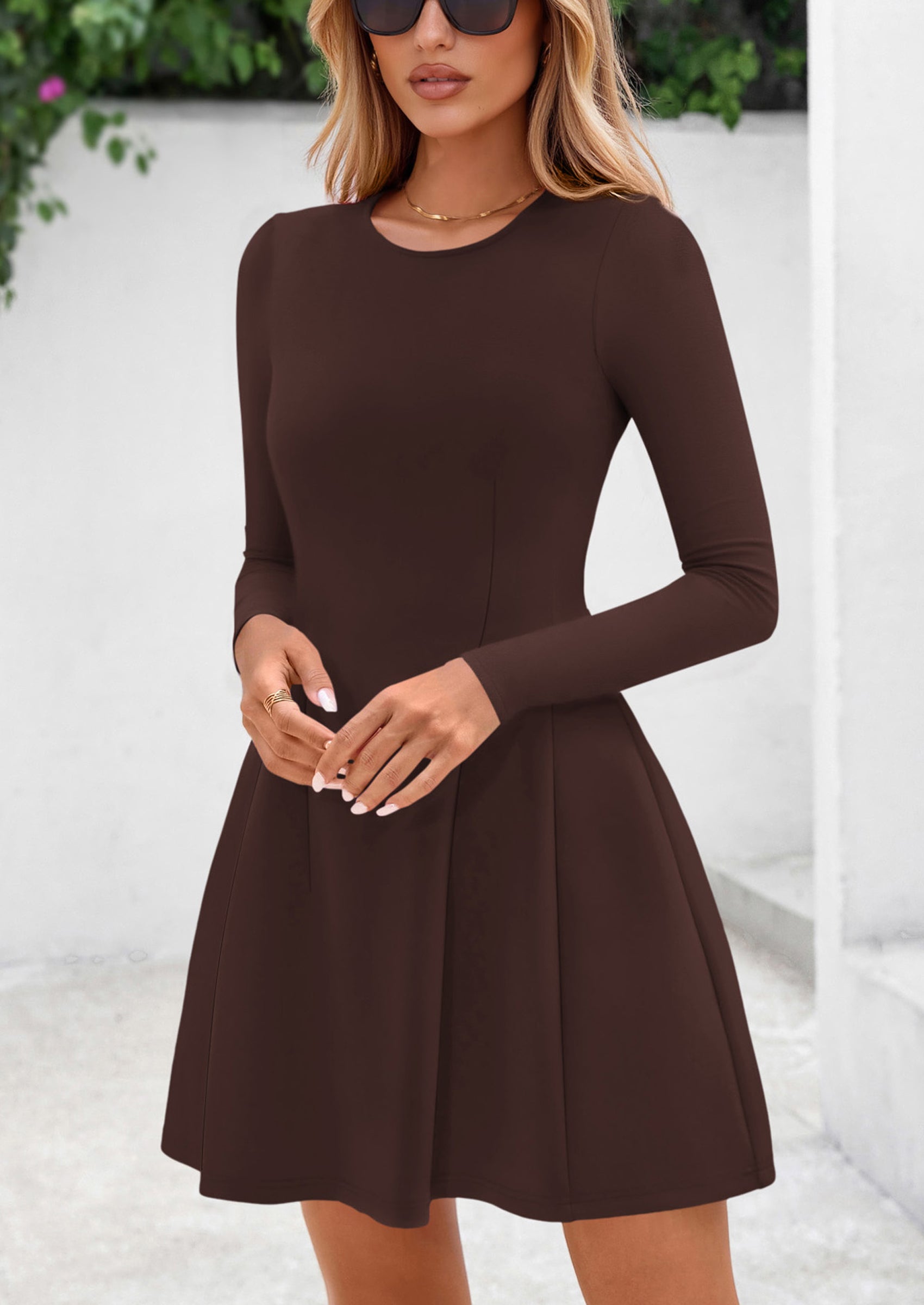 PRETTYGARDEN Long Sleeve Mini Dress for Women Fall Crewneck Knit Pleated Babydoll A Line Soft Casual Short Party Dresses