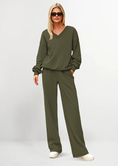 PRETTYGARDEN Casual Winter Two Piece Sets for Women V Neck Sweatshirt Loose Wide Leg Pants Tracksuit Knit Fall Outfits