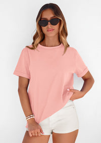 PRETTYGARDEN Womens Summer Tops Spring Casual Rolled Short Sleeve Basic Tees Crew Neck Work Shirts Fashion Clothing PRETTYGARDEN