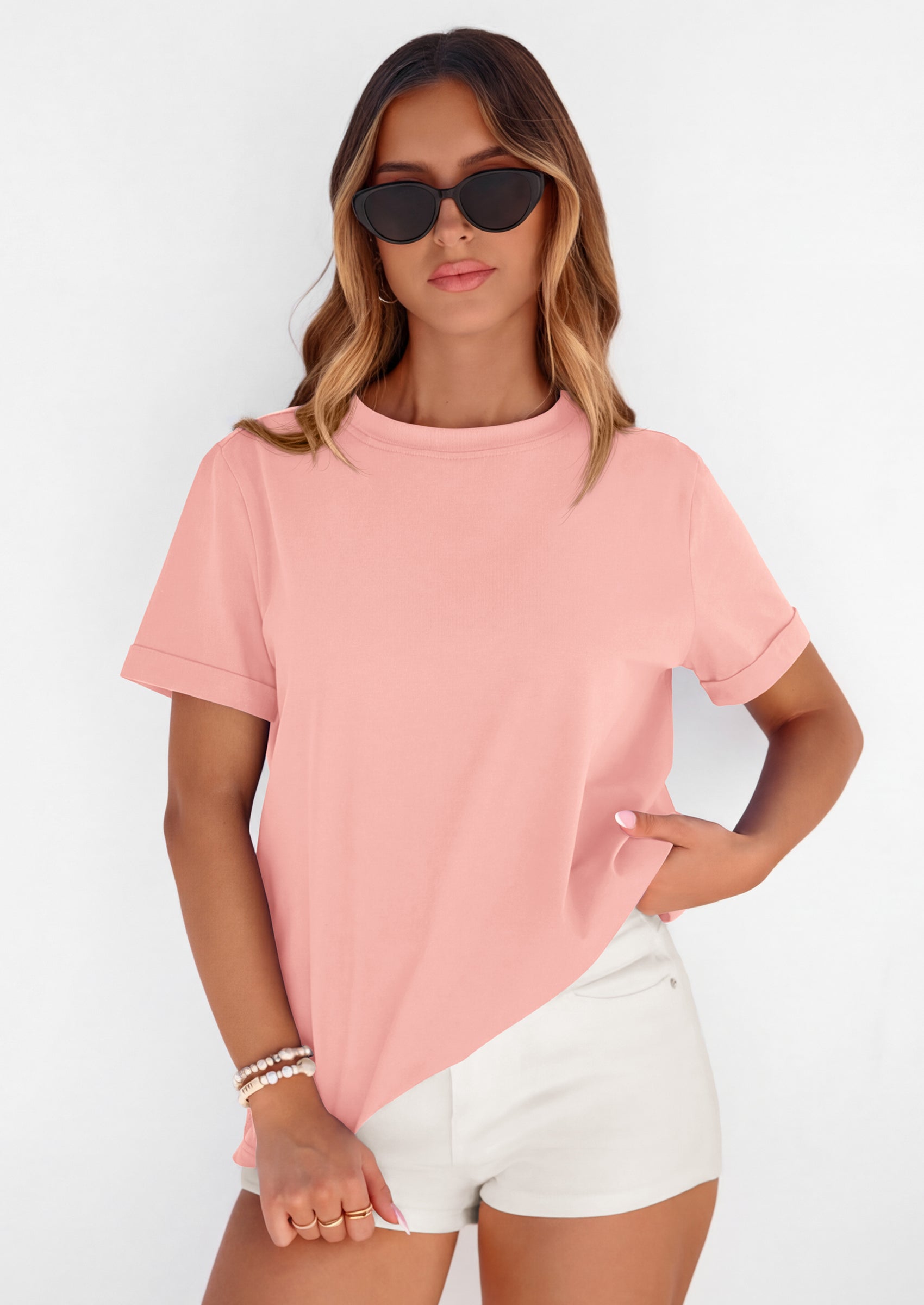 PRETTYGARDEN Womens Summer Tops Spring Casual Rolled Short Sleeve Basic Tees Crew Neck Work Shirts Fashion Clothing PRETTYGARDEN