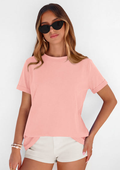 PRETTYGARDEN Womens Summer Tops Spring Casual Rolled Short Sleeve Basic Tees Crew Neck Work Shirts Fashion Clothing PRETTYGARDEN