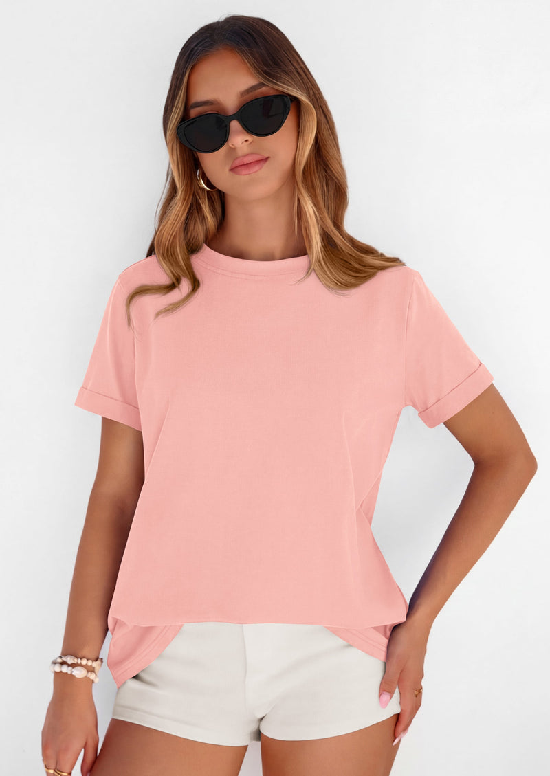 PRETTYGARDEN Womens Summer Tops Spring Casual Rolled Short Sleeve Basic Tees Crew Neck Work Shirts Fashion Clothing PRETTYGARDEN