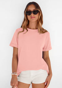 PRETTYGARDEN Womens Summer Tops Spring Casual Rolled Short Sleeve Basic Tees Crew Neck Work Shirts Fashion Clothing PRETTYGARDEN