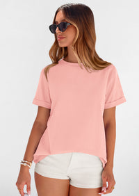 PRETTYGARDEN Womens Summer Tops Spring Casual Rolled Short Sleeve Basic Tees Crew Neck Work Shirts Fashion Clothing PRETTYGARDEN