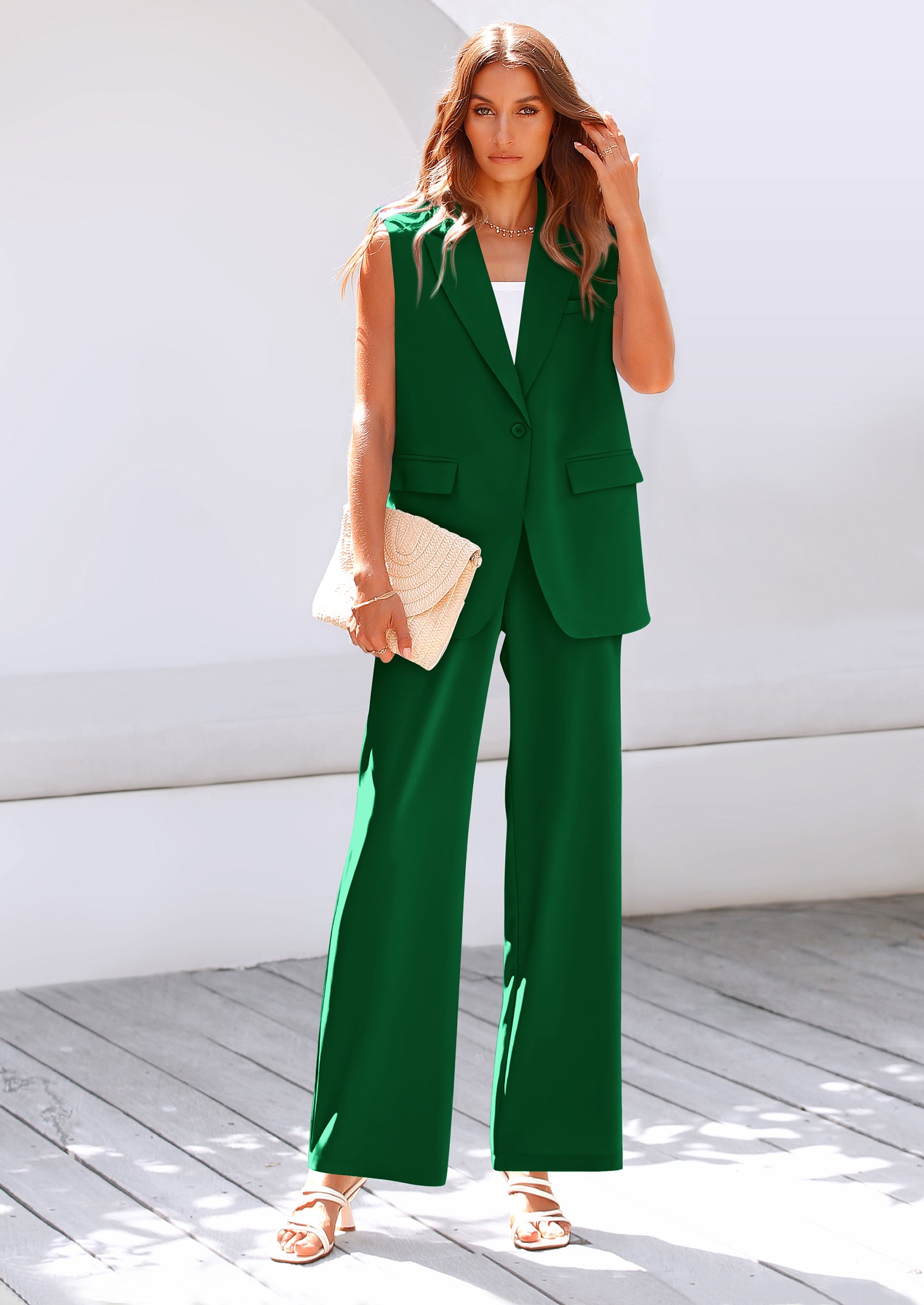 PRETTYGARDEN Women's 2 Piece Outfits Sleeveless Suit Vest and Wide Leg Pants Business Casual Blazer Sets