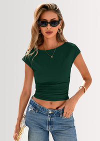 PRETTYGARDEN Women's Ruched Crop Tank Tops Summer Trendy Cap Sleeve Ribbed Knit Basic Fitted Going Out Tee Shirts