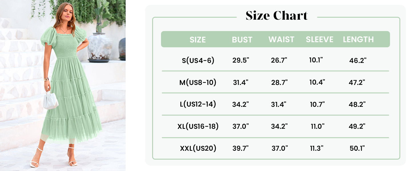 PRETTYGARDEN Women's Smocked Tulle Midi Dress Square Neck Puffy Short Sleeve Ruffle Wedding Guest Party Dresses