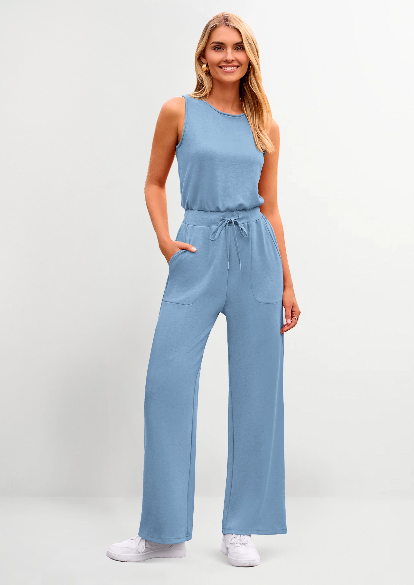 PRETTYGARDEN Womens Jumpsuits Summer Casual One Piece Outfits Sleeveless Wide Leg Long Pants Rompers