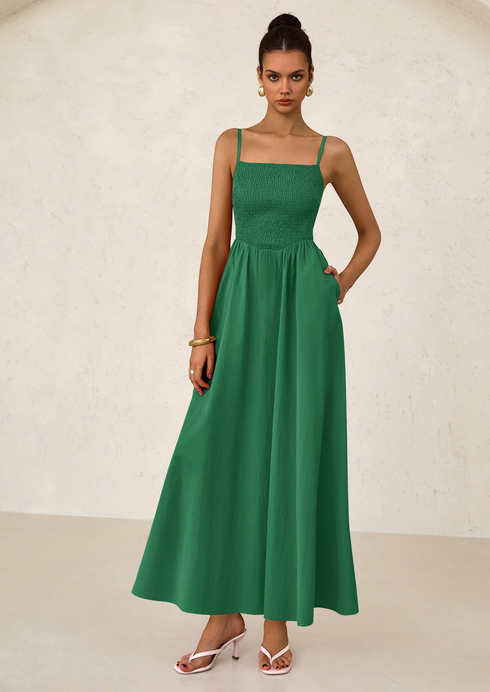 PRETTYGARDEN Women's Smocked Maxi Dresses Beach Sundress Casual Spaghetti Strap Swing A Line Long Flowy Dress