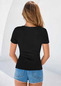 PRETTYGARDEN Womens Summer Short Sleeve Tops Spring Casual V Neck Henley Button Up T Shirts Dressy Ribbed Knit Blouses PRETTYGARDEN