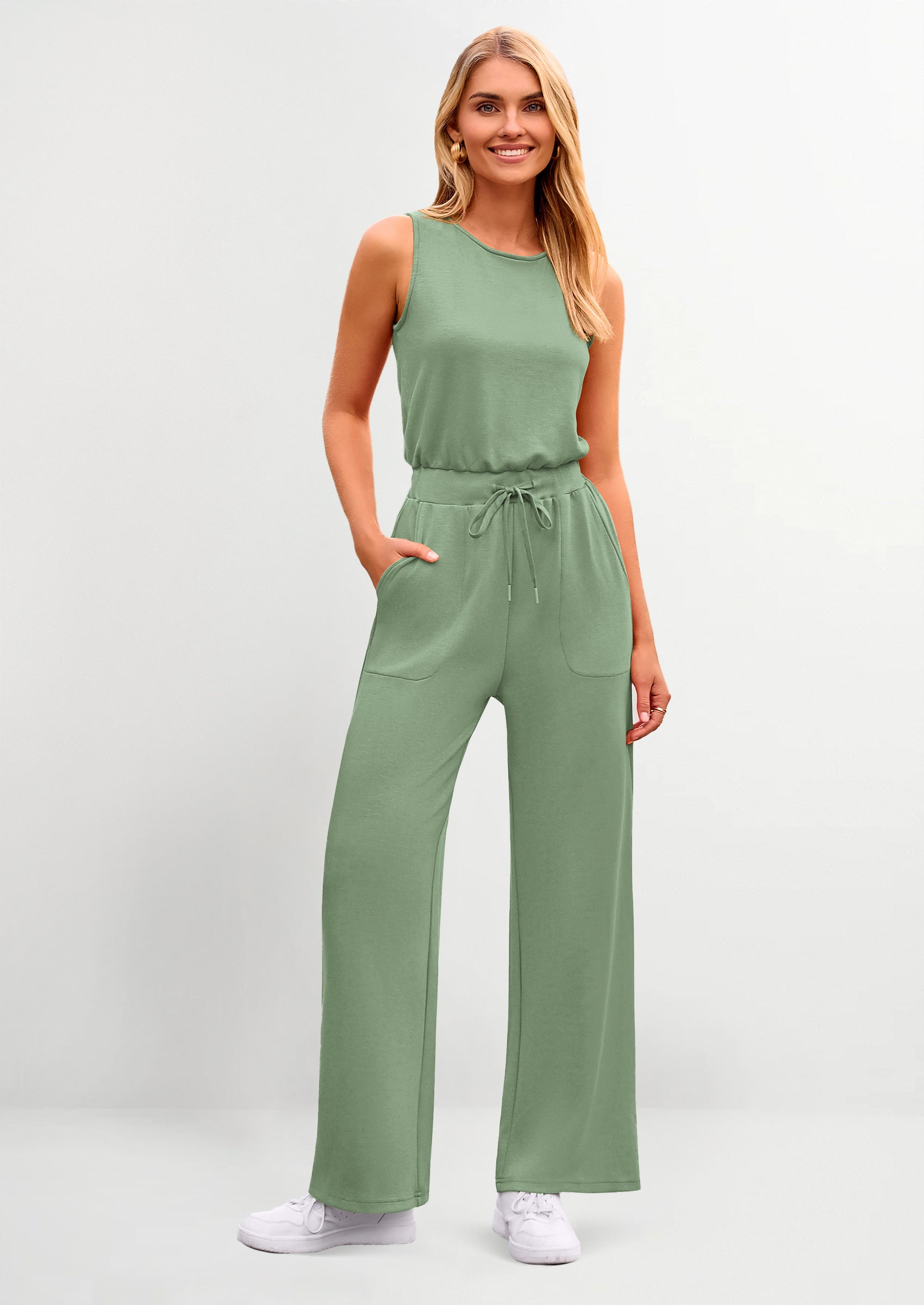 PRETTYGARDEN Womens Jumpsuits Summer Casual One Piece Outfits Sleeveless Wide Leg Long Pants Rompers