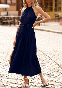 PRETTYGARDEN Women's Summer Floral Maxi Sun Dress Sleeveless Halter Neck Flowy Ruffle Hem Long Boho Dresses with Belt