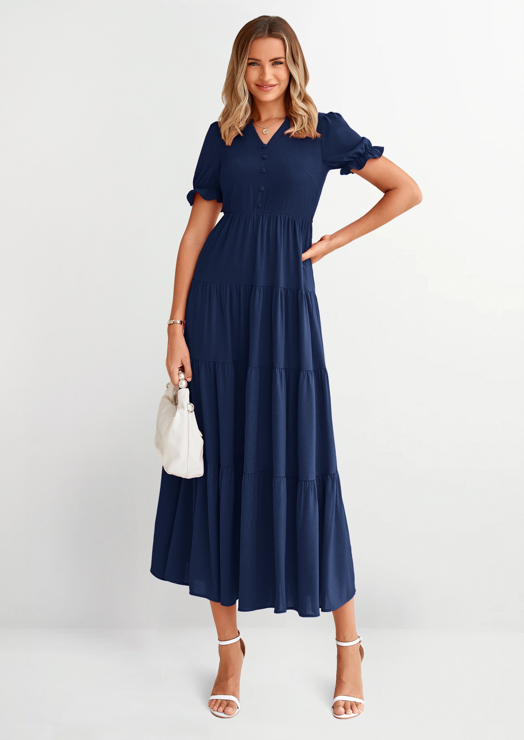 PRETTYGARDEN Women's Casual Short Sleeve V Neck Midi Dresses Spring A-line Tiered Wedding Guest Dress