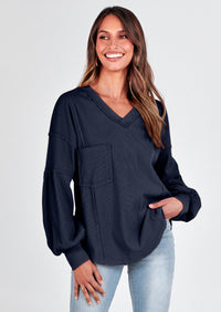 BTFBM Women's Ribbed Long Sleeve Tops Summer Spring Pullover Knit Casual V Neck Blouses Trendy Loose Fit Tunic Top