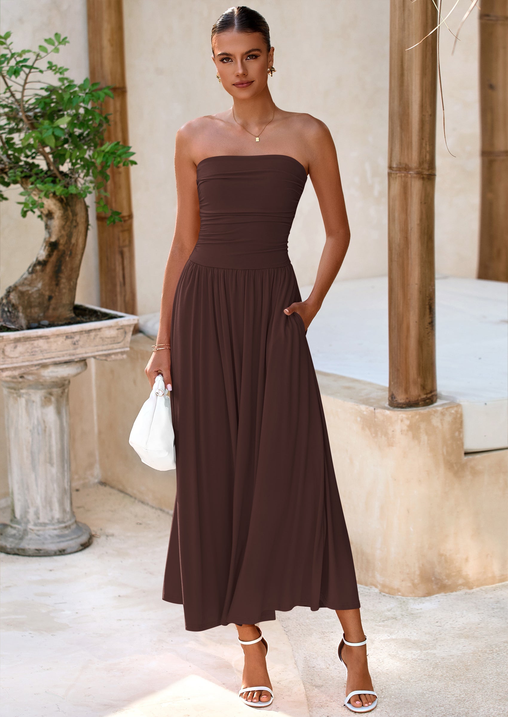 BTFBM Summer Maxi Dresses for Women Strapless Ruched Tube Top Beach Vacation Spring Wedding Guest Dress Pockets PRETTYGARDEN