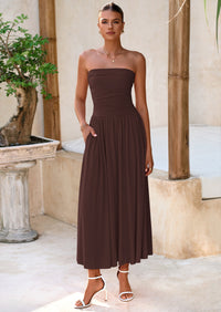 BTFBM Summer Maxi Dresses for Women Strapless Ruched Tube Top Beach Vacation Spring Wedding Guest Dress Pockets PRETTYGARDEN