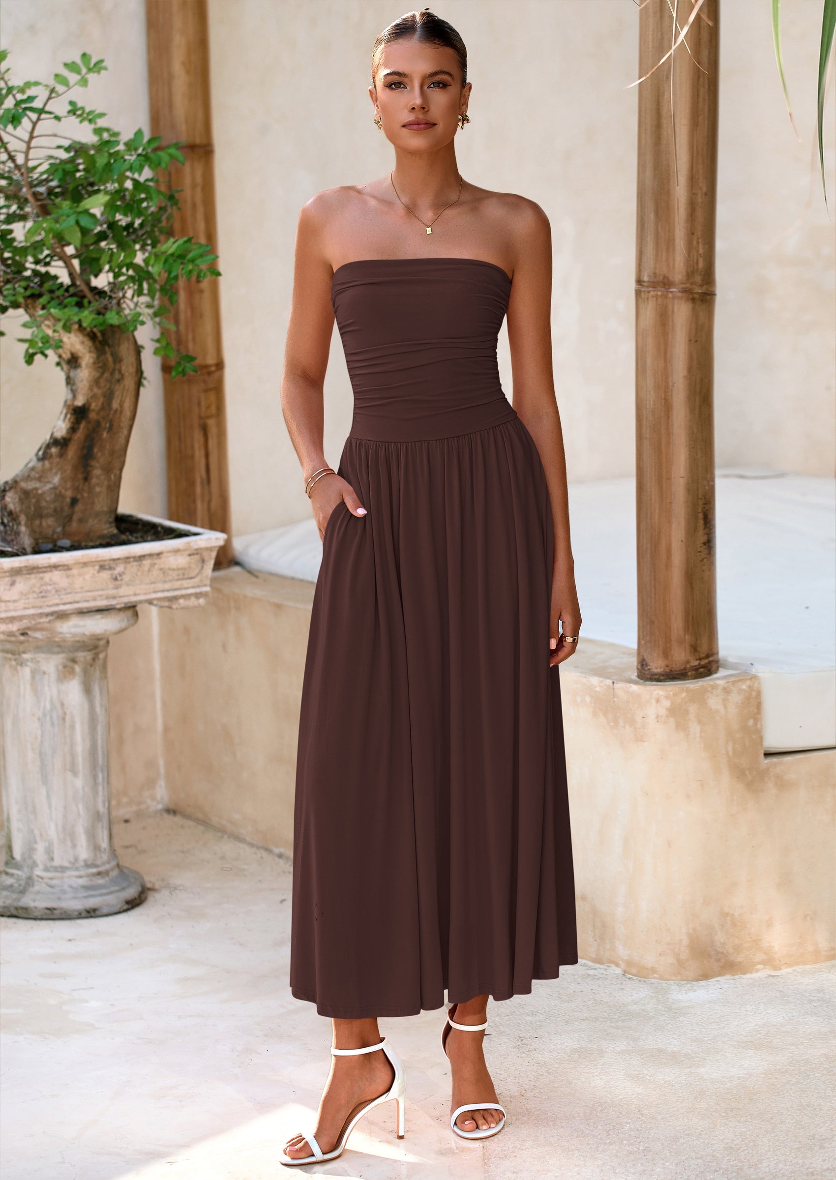 BTFBM Summer Maxi Dresses for Women Strapless Ruched Tube Top Beach Vacation Spring Wedding Guest Dress Pockets PRETTYGARDEN