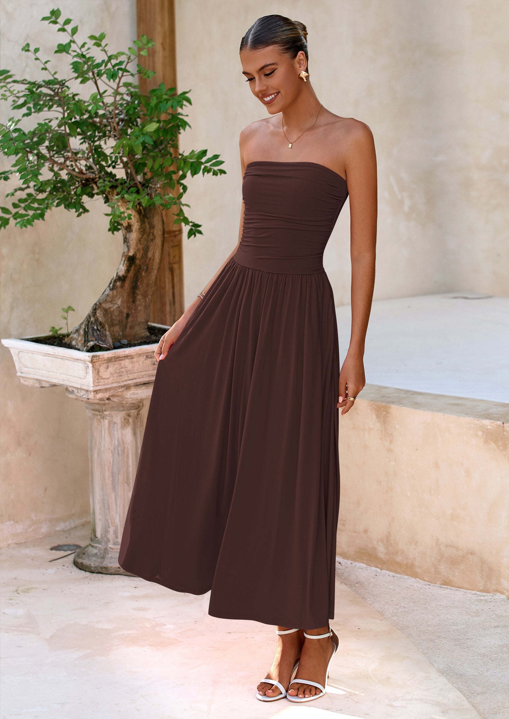 BTFBM Summer Maxi Dresses for Women Strapless Ruched Tube Top Beach Vacation Spring Wedding Guest Dress Pockets PRETTYGARDEN