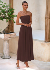 BTFBM Summer Maxi Dresses for Women Strapless Ruched Tube Top Beach Vacation Spring Wedding Guest Dress Pockets PRETTYGARDEN