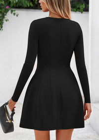 PRETTYGARDEN Long Sleeve Mini Dress for Women Fall Crewneck Knit Pleated Babydoll A Line Soft Casual Short Party Dresses