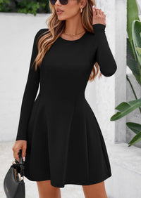 PRETTYGARDEN Long Sleeve Mini Dress for Women Fall Crewneck Knit Pleated Babydoll A Line Soft Casual Short Party Dresses