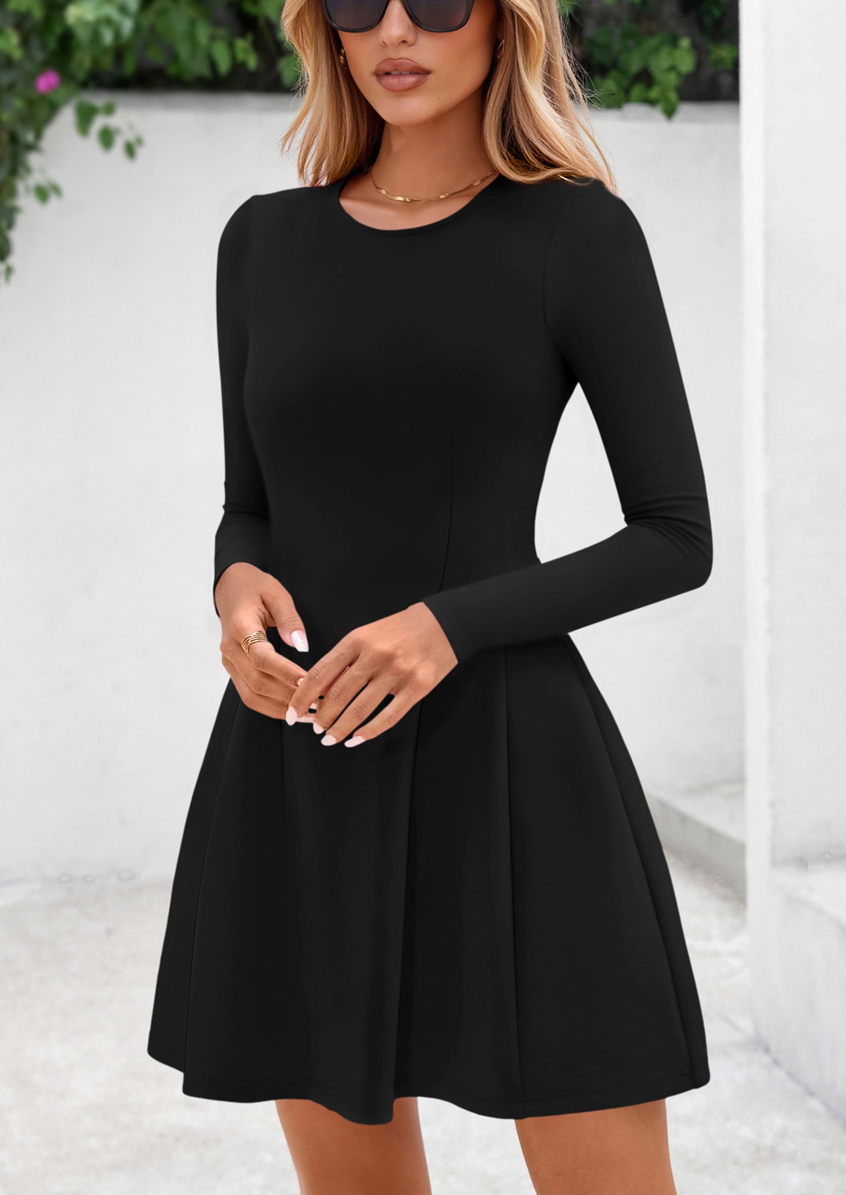 PRETTYGARDEN Long Sleeve Mini Dress for Women Fall Crewneck Knit Pleated Babydoll A Line Soft Casual Short Party Dresses