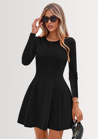 PRETTYGARDEN Long Sleeve Mini Dress for Women Fall Crewneck Knit Pleated Babydoll A Line Soft Casual Short Party Dresses