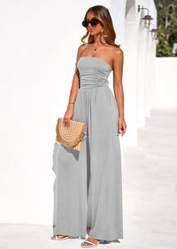 PRETTYGARDEN Womens Trendy Strapless Rompers Ruched Tube Top Wide Leg One Piece Jumpsuits Beach Vacation Summer Outfits PRETTYGARDEN