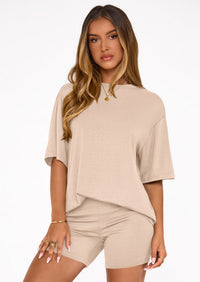 PRETTYGARDEN Women's Two Piece Matching Lounge Sets Summer Casual Tops Short Sleeve Shirts Shorts Travel Airport Outfits PRETTYGARDEN