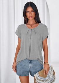 PRETTYGARDEN Summer Tops for Women Short Sleeve Crew Neck Pleated T Shirts Dressy Casual Blouses Spring Fashion Clothes PRETTYGARDEN